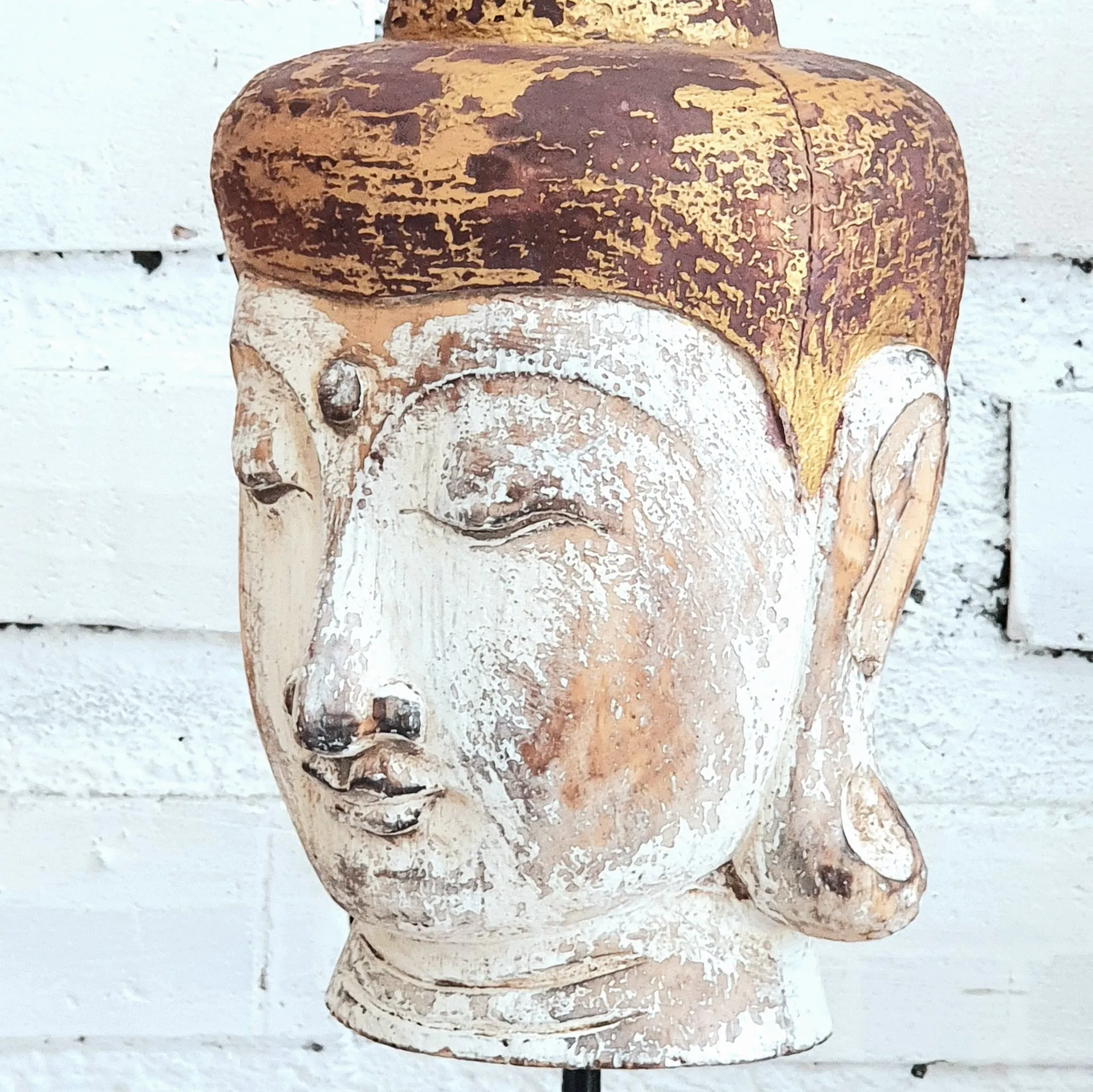 Antique Wooden Buddha Head (Gold & Brown)