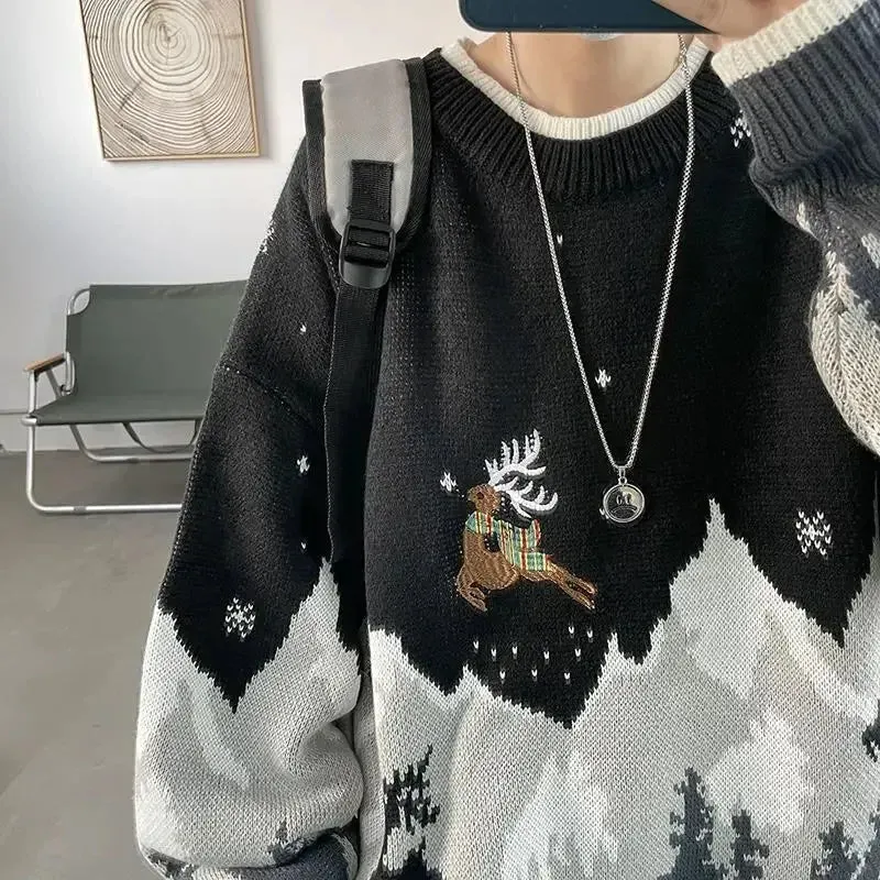 Autumn and winter men's round neck sweater Elk Christmas fashion knit sweater high street retro casual hundred loose pullover