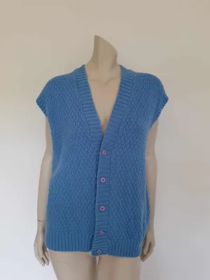 Blue Hand Knitted Wool Vest - L