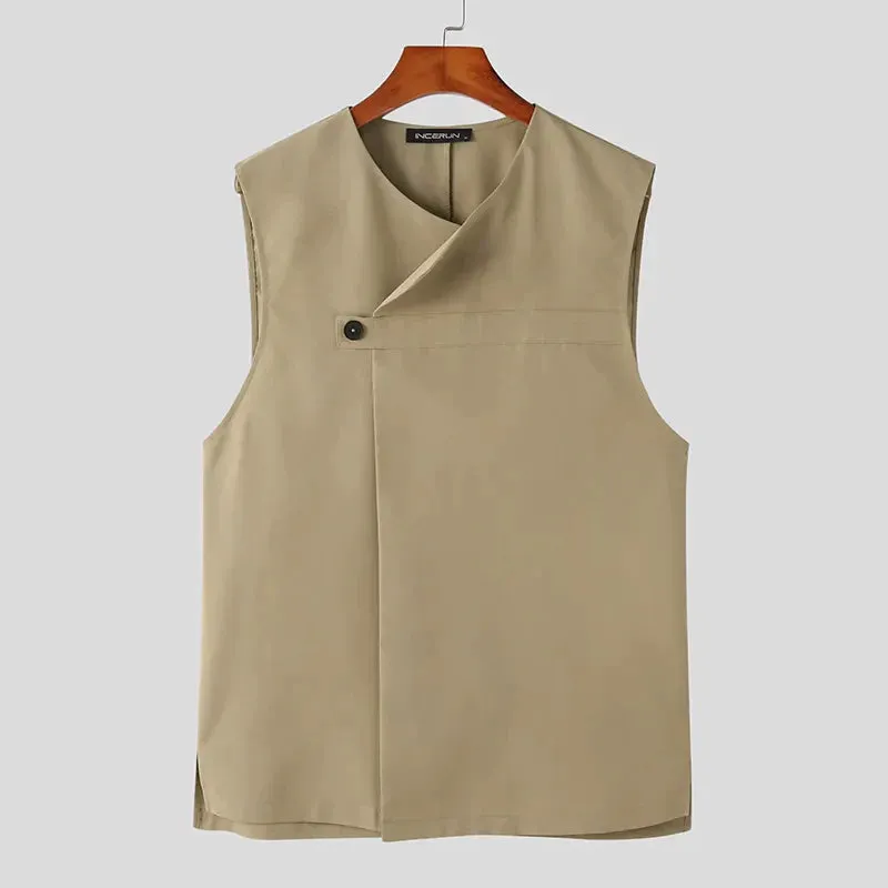 CHICMY 2024 Men Vests Solid Color V Neck Sleeveless Button Streetwear Korean Casual Waistcoats Men Fashion Thin Vests S-5XL