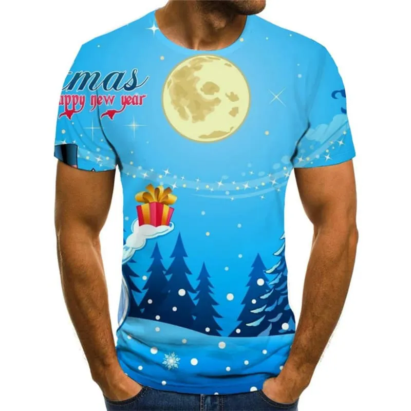 Christmas T shirt Men Moon T-shirts 3d New Year Funny T shirts Blue Anime Clothes