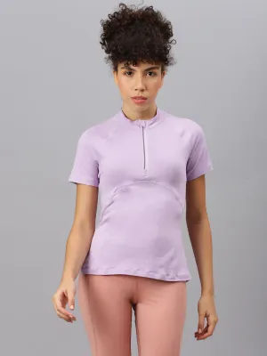 Fitkin women's Lavender high neck front zipper short sleeves t-shirt