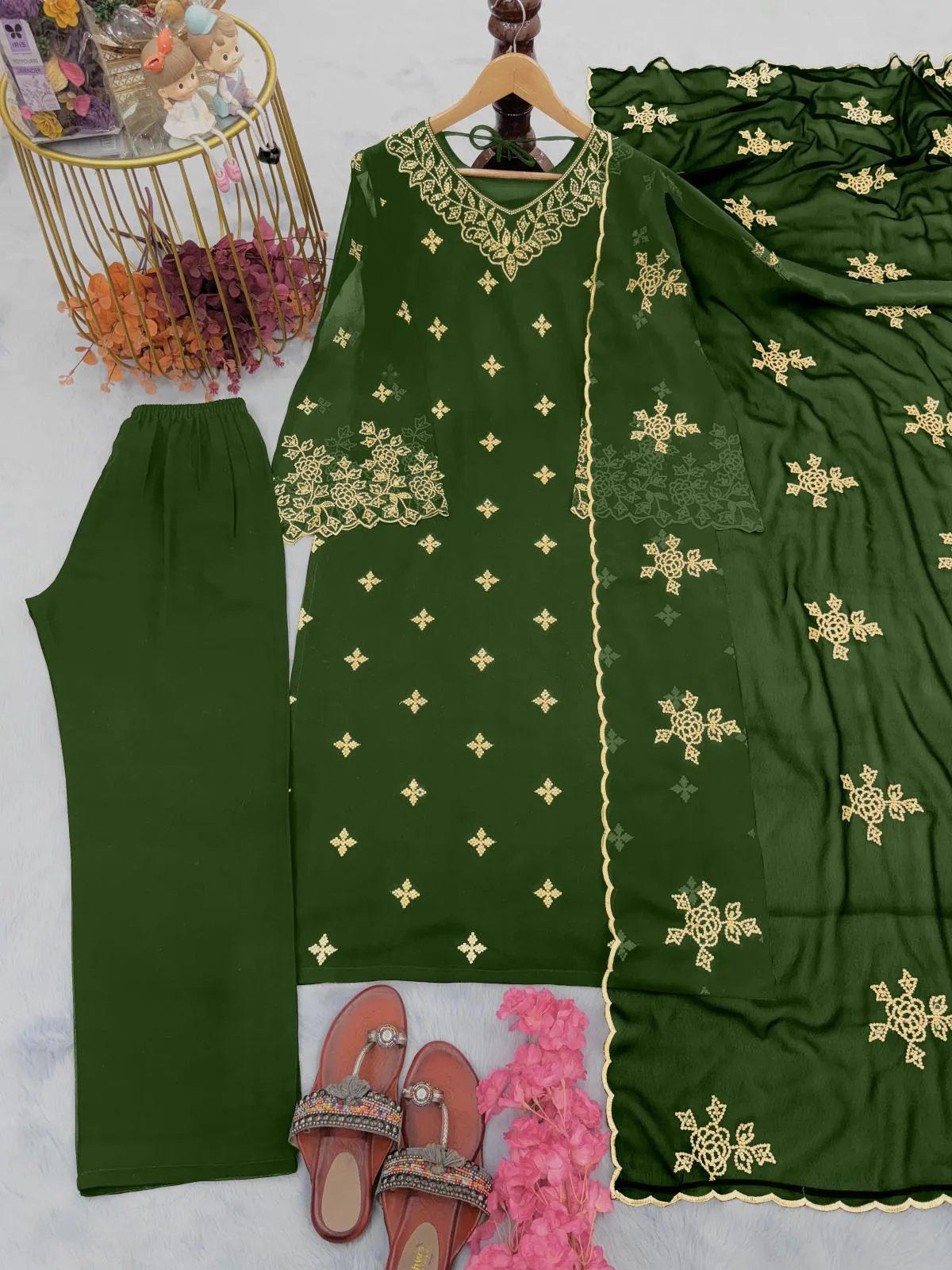 Green Inayakhan Designer Party Wear Faux Georgette Top, Plazzo, and Dupatta Set