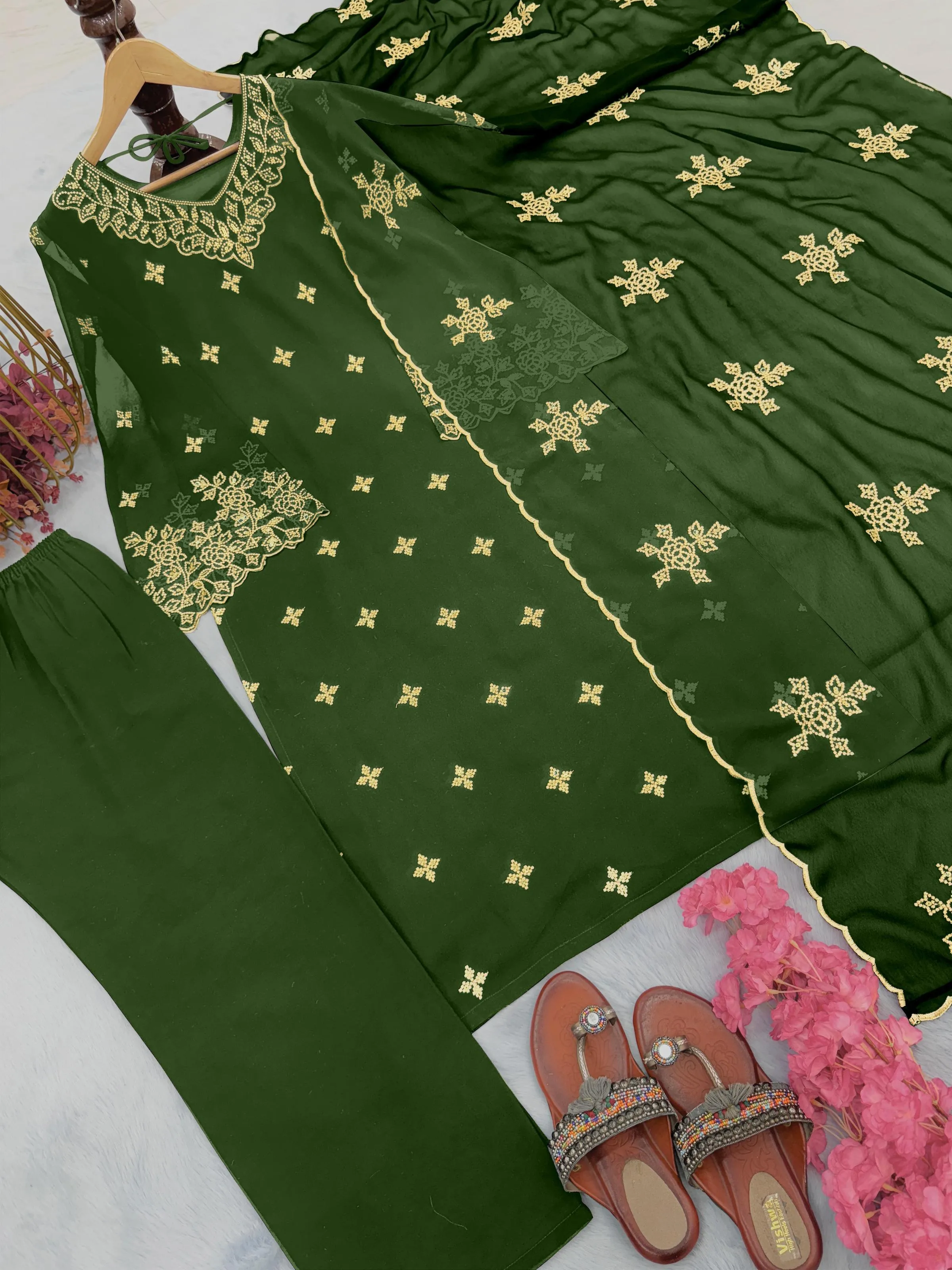 Green Inayakhan Designer Party Wear Faux Georgette Top, Plazzo, and Dupatta Set