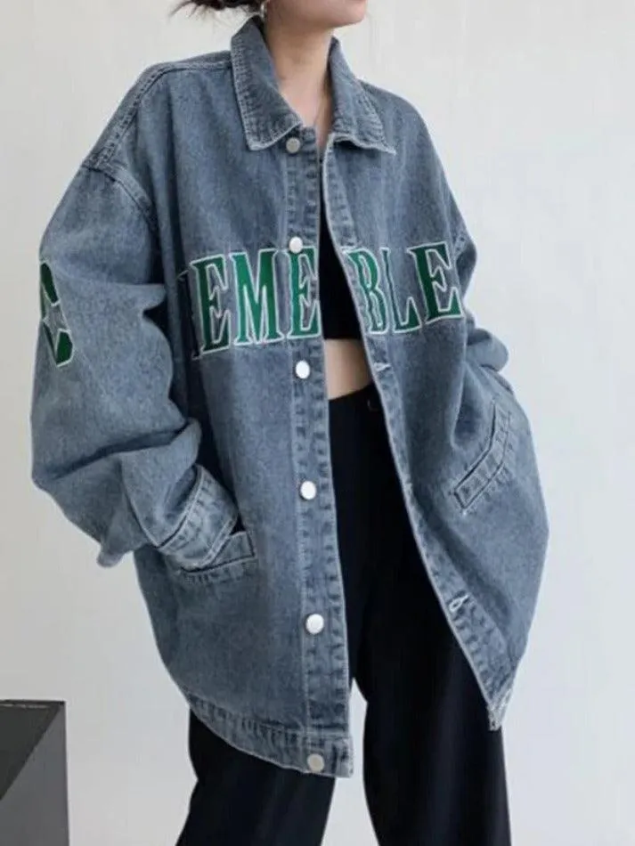 Letter Embroidery Oversized Denim Jacket