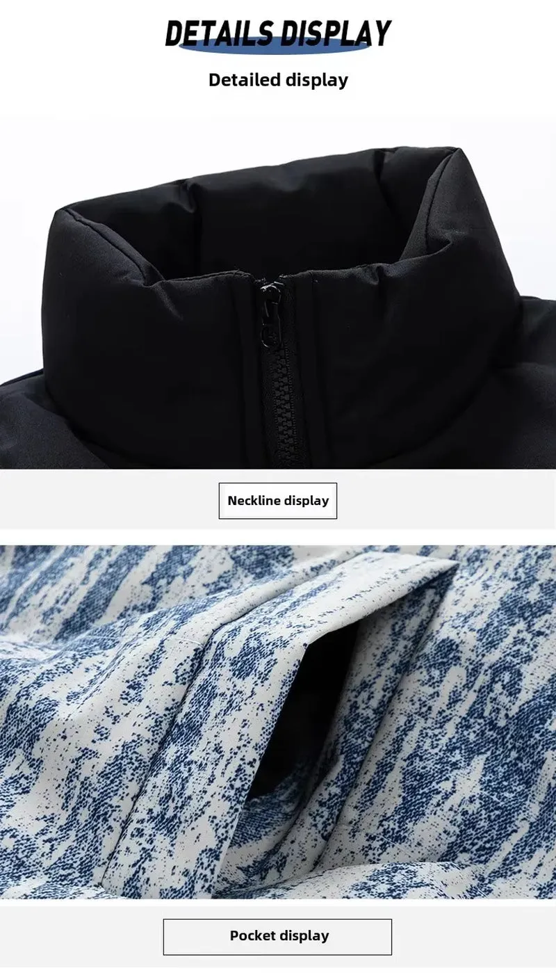 Men's Stylish Warm Jacket Winter New Fashion Tie-Dye Gradient Loose Outdoor Travel Stand Collar Coat