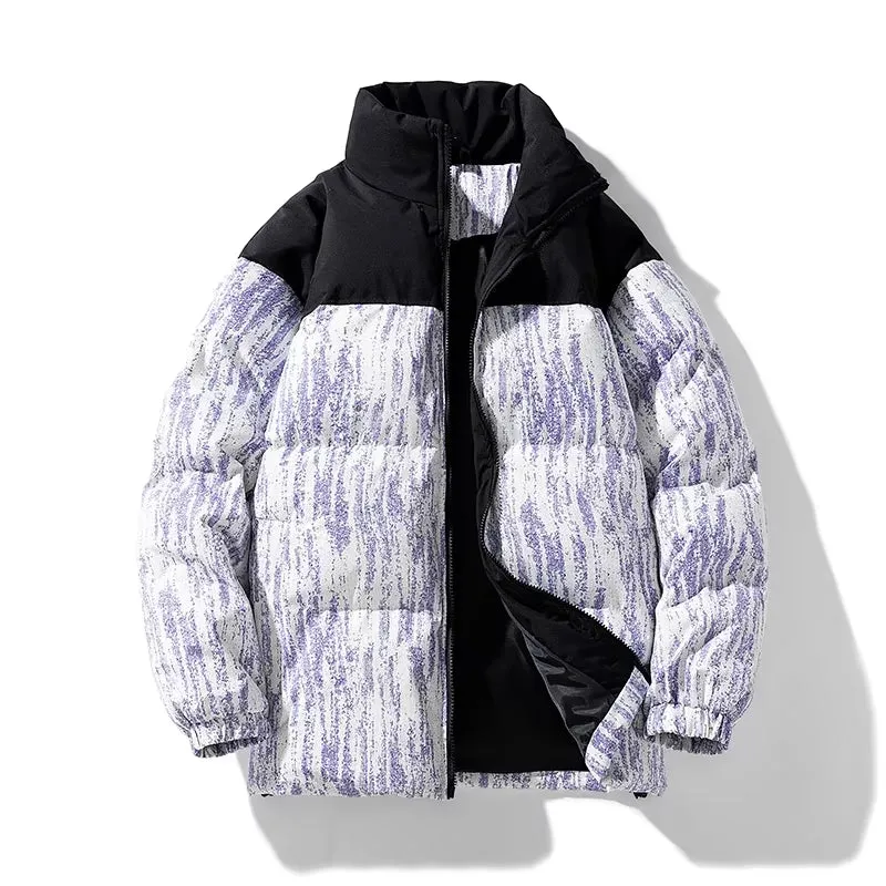 Men's Stylish Warm Jacket Winter New Fashion Tie-Dye Gradient Loose Outdoor Travel Stand Collar Coat