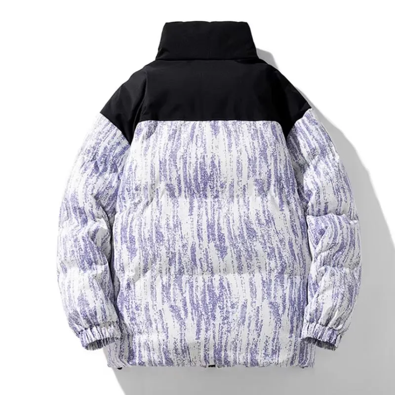 Men's Stylish Warm Jacket Winter New Fashion Tie-Dye Gradient Loose Outdoor Travel Stand Collar Coat