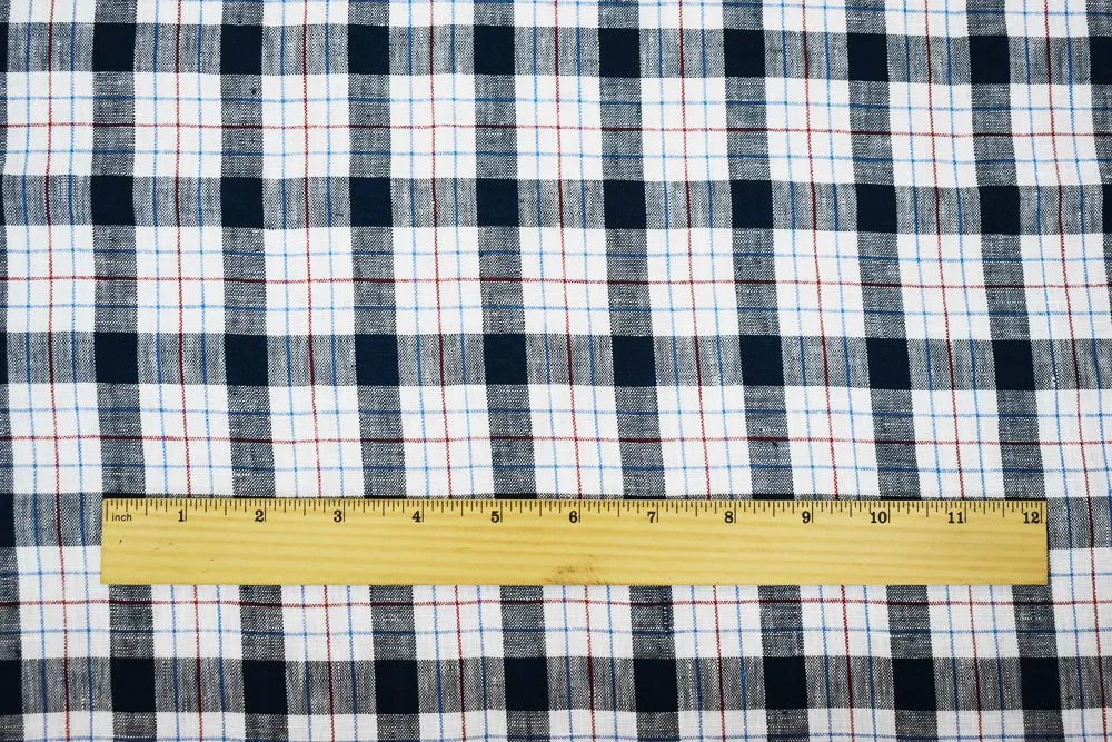 Navy-White-Red Moygashel Washed Plaid Irish Linen Woven Fabric