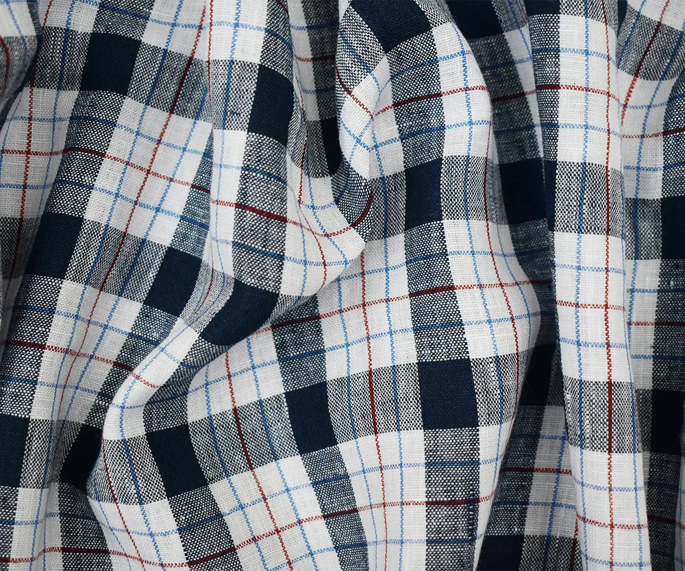 Navy-White-Red Moygashel Washed Plaid Irish Linen Woven Fabric