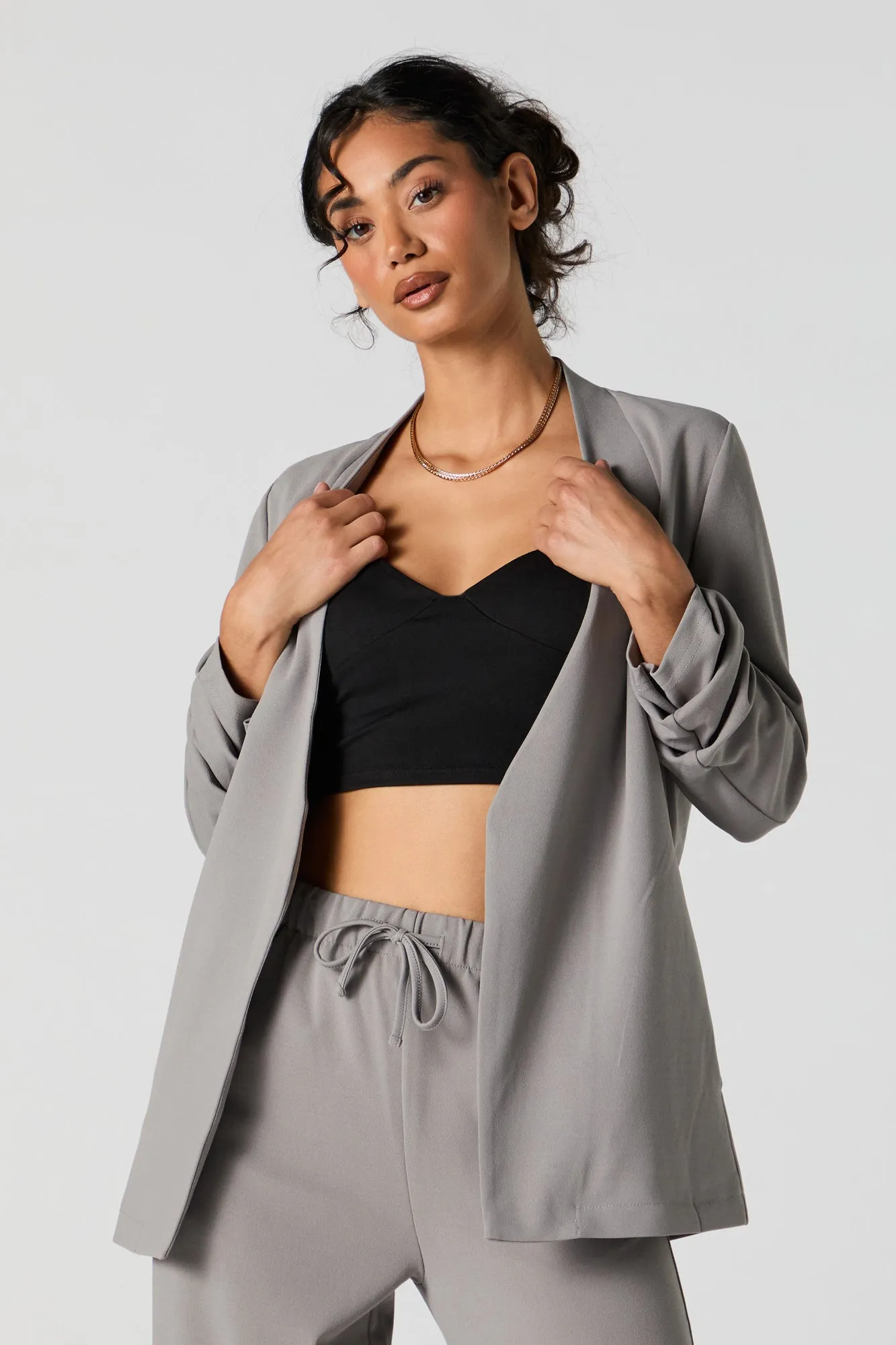 Open Front Scrunch Sleeve Blazer