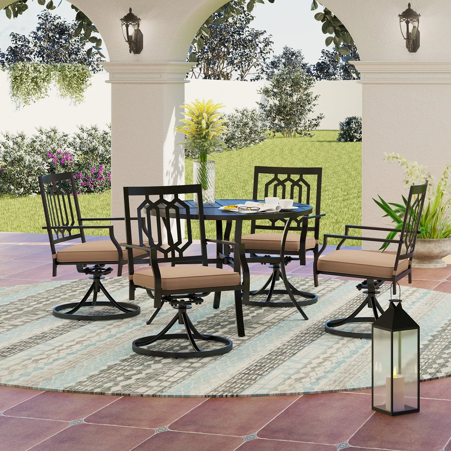 PHI VILLA 5-Piece Geometrically Stamped Round Table & Swivel Dining Chairs Outdoor Dining Set