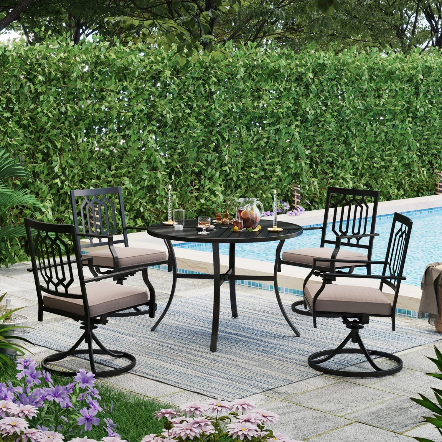 PHI VILLA 5-Piece Geometrically Stamped Round Table & Swivel Dining Chairs Outdoor Dining Set