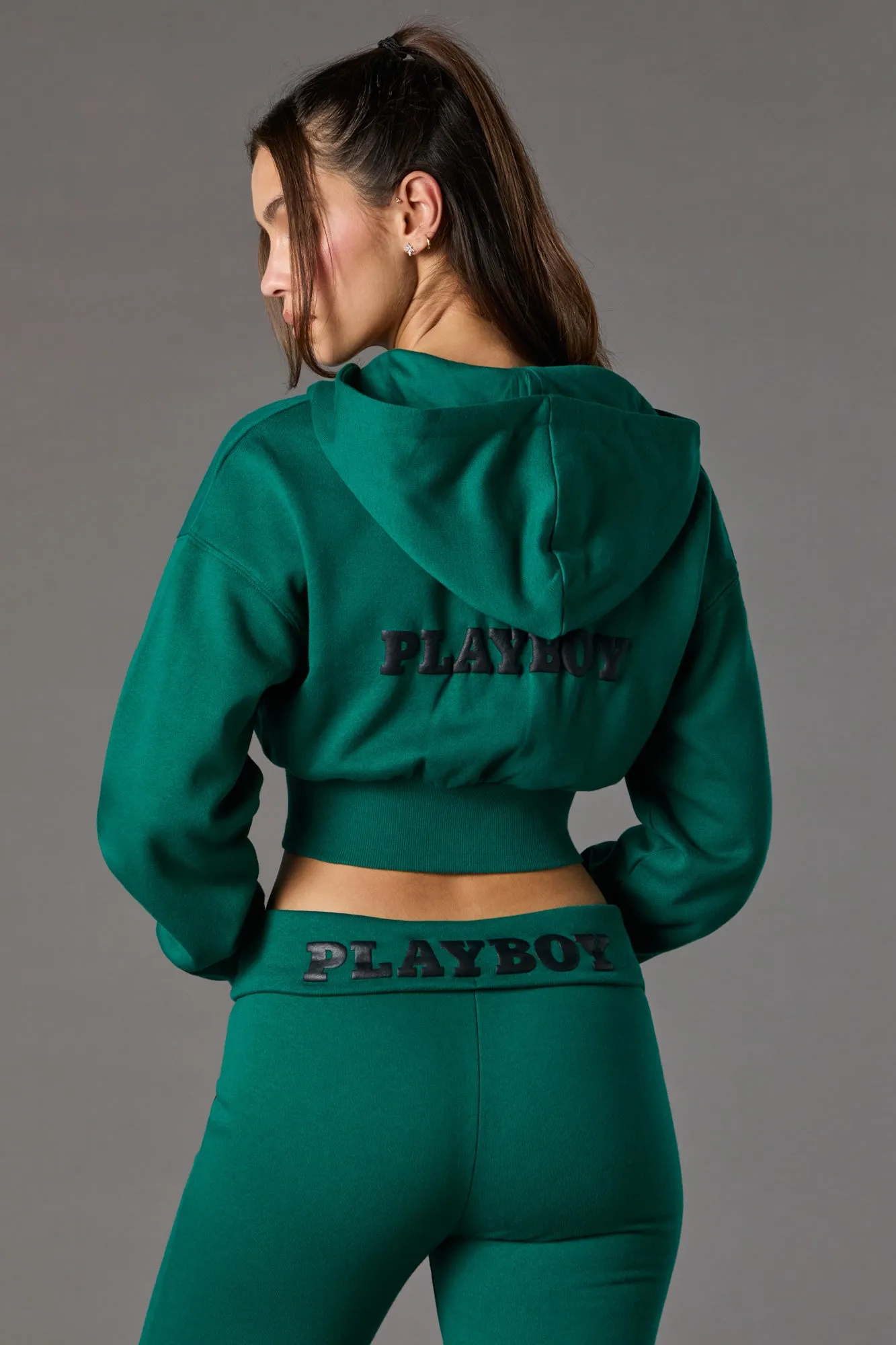 Playboy Graphic Cropped Zip-Up Fleece Hoodie