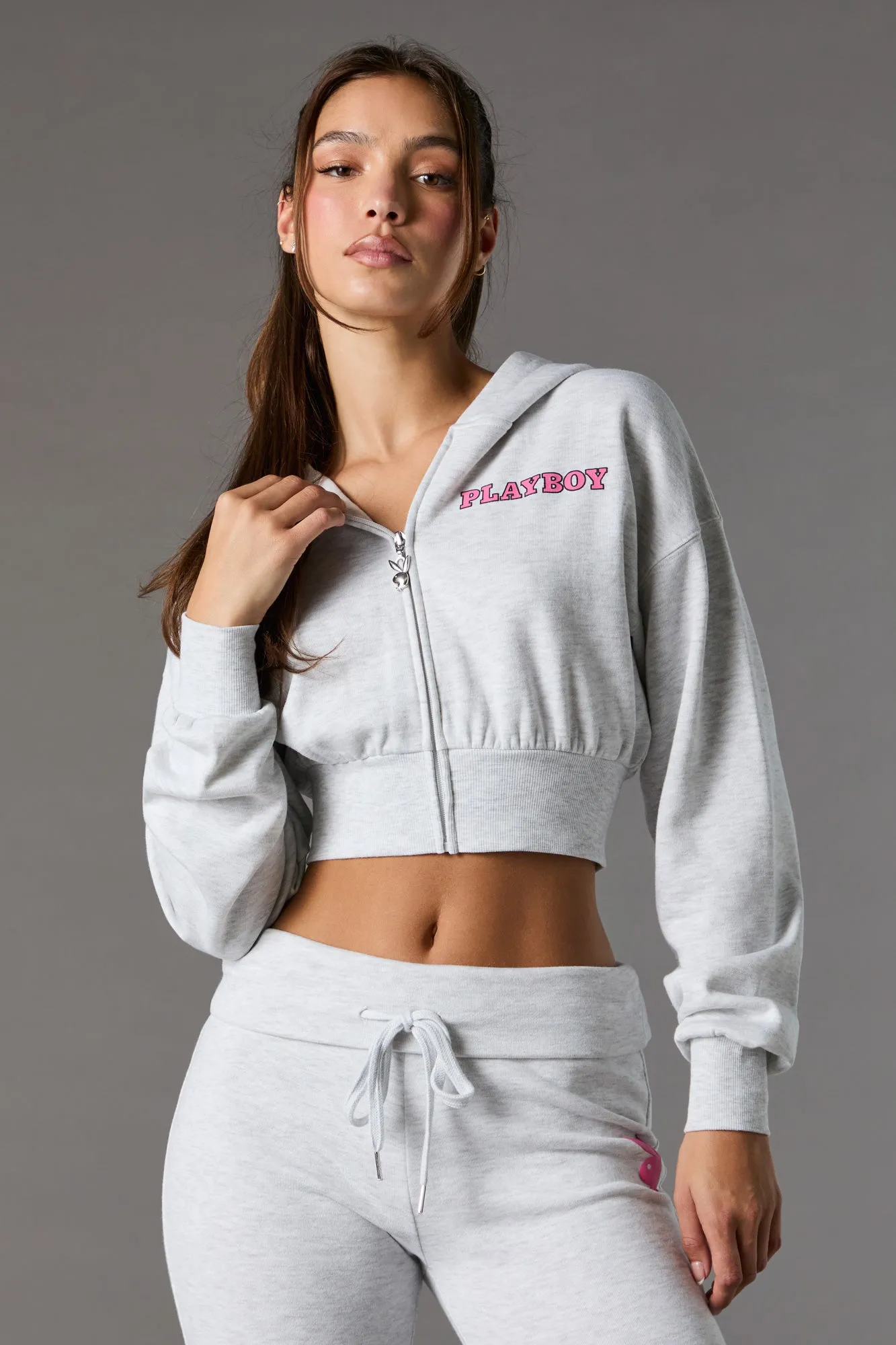 Playboy Graphic Cropped Zip-Up Fleece Hoodie