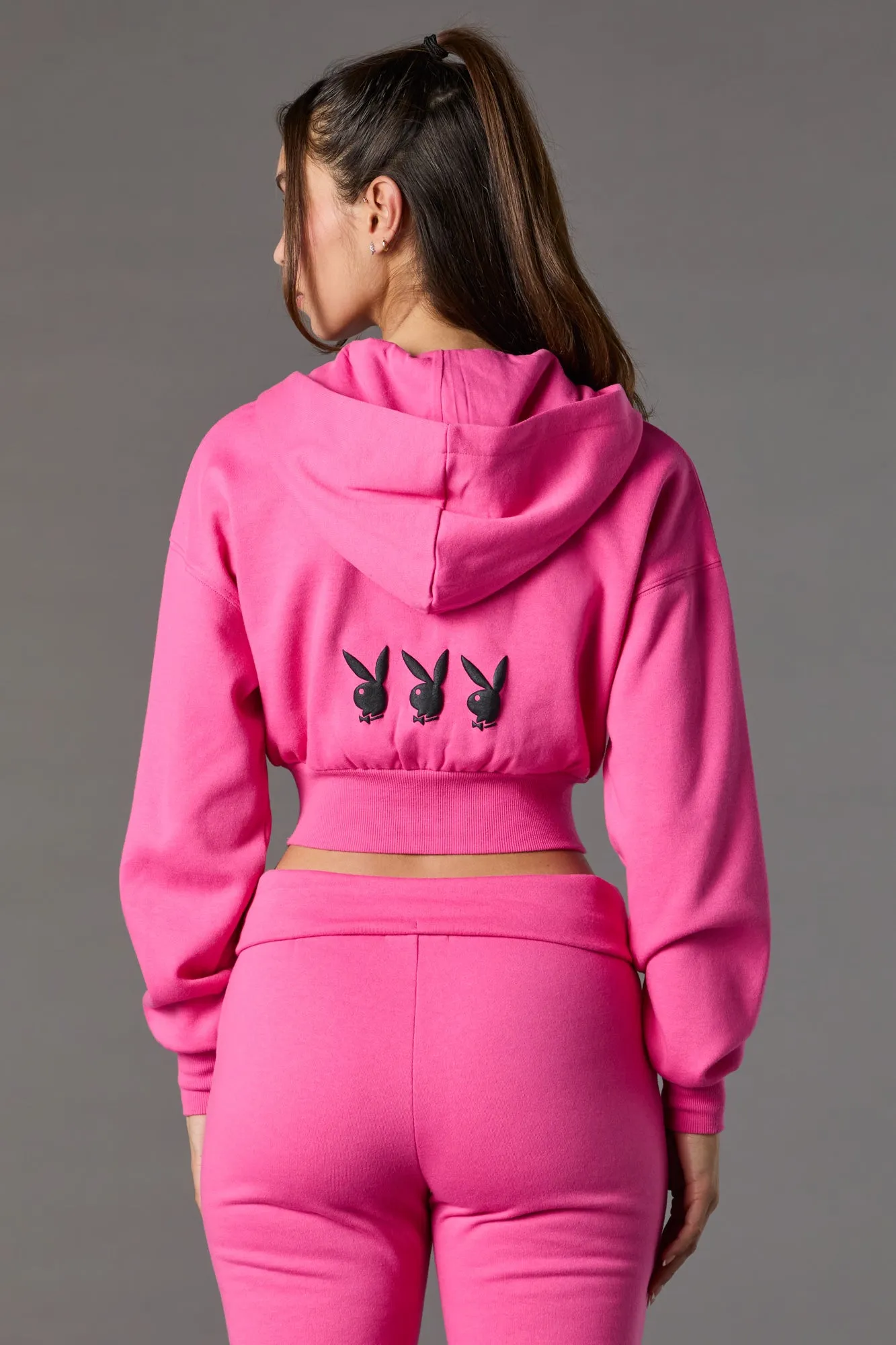 Playboy Graphic Cropped Zip-Up Fleece Hoodie