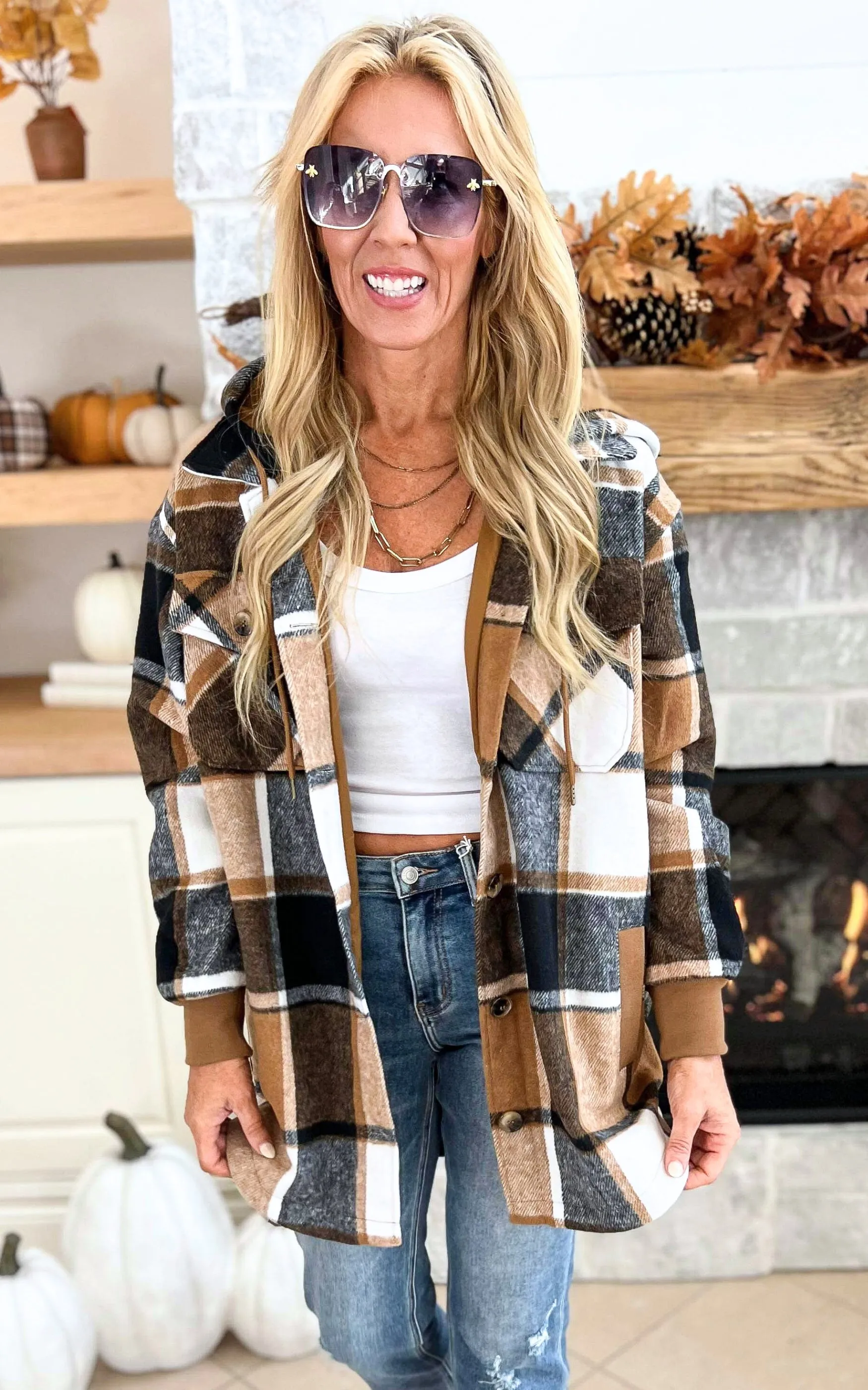 Smores and Bonfire Nights Plaid Hooded Shacket