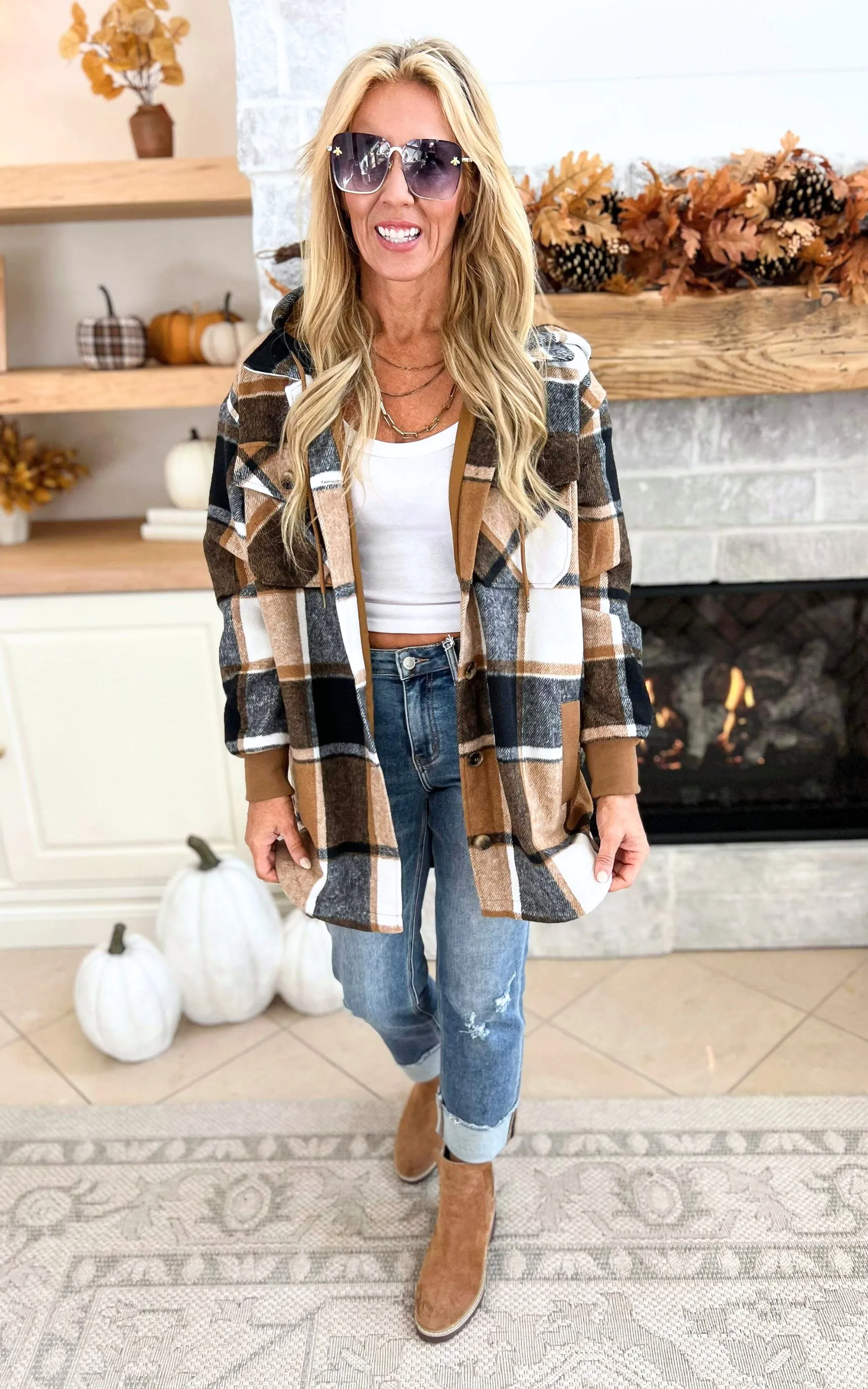 Smores and Bonfire Nights Plaid Hooded Shacket