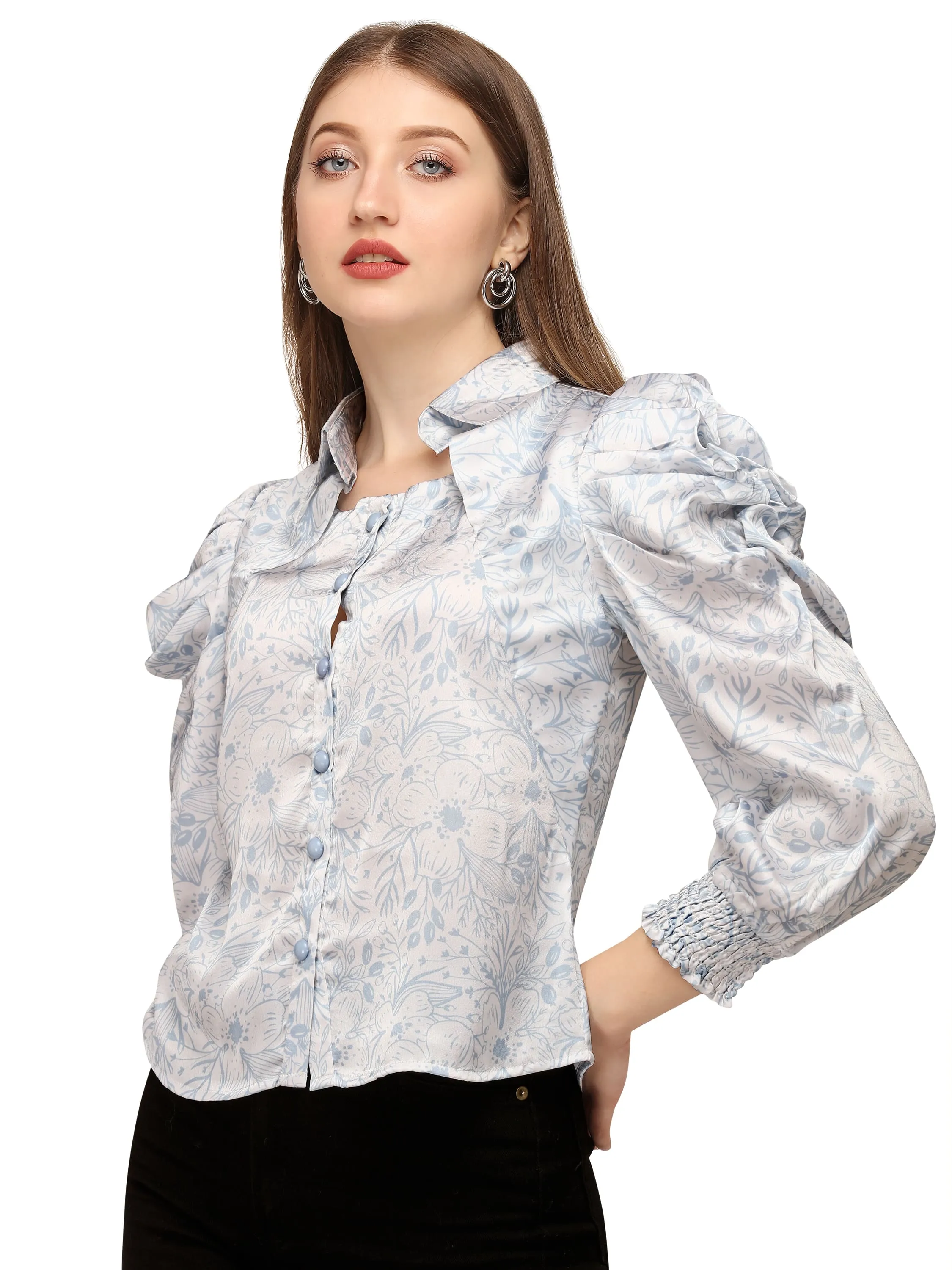 SXV Light Blue Leaves Print with Collar Crop Top | satin Tops for Women and girls