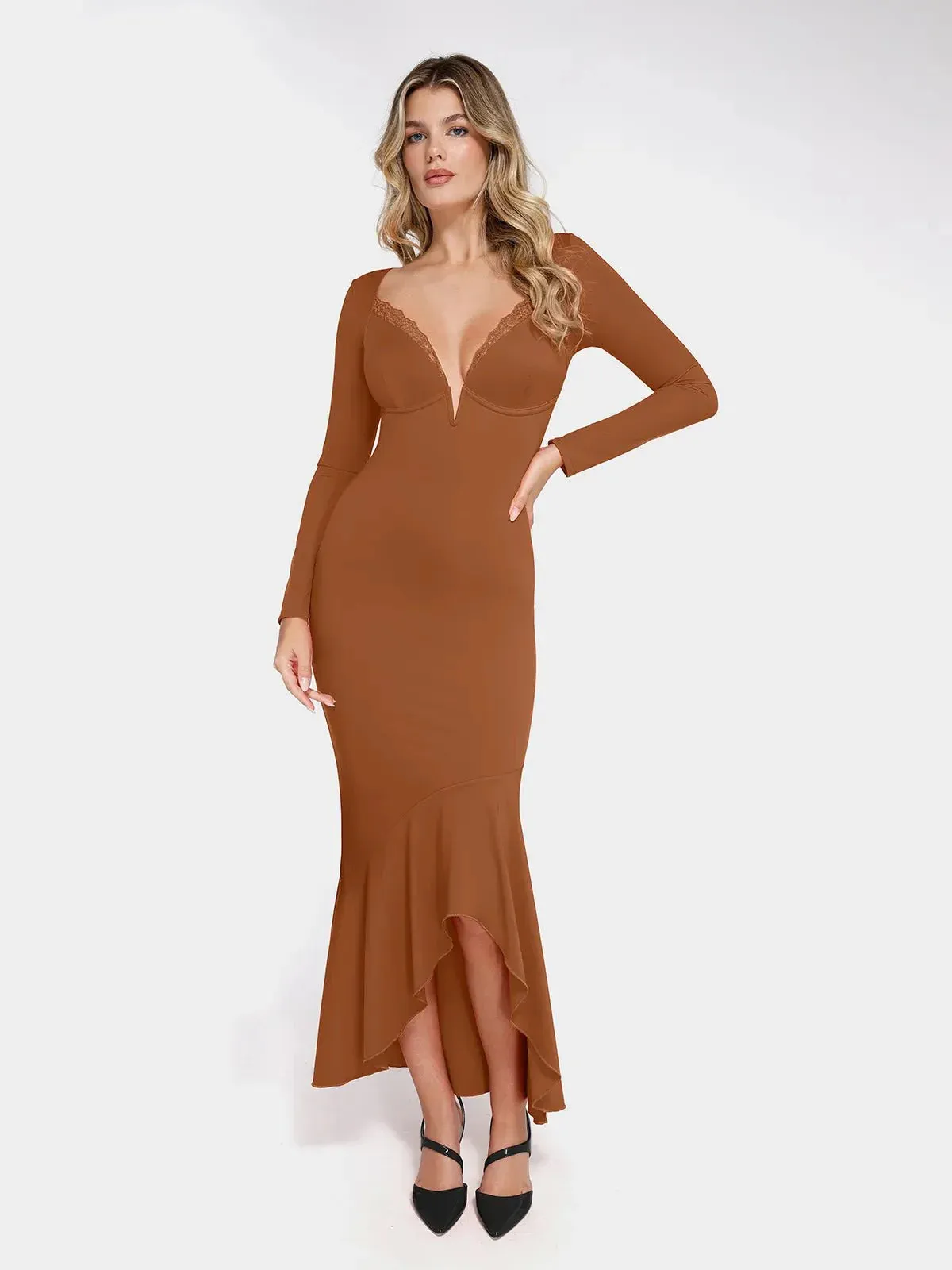 The Shapewear Dress Long Sleeve Mermaid Hem Lace Maxi