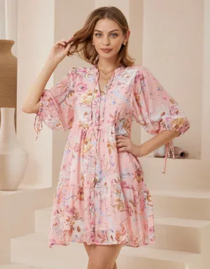 Tilda Button Front V Neck Dress in PInk Floral