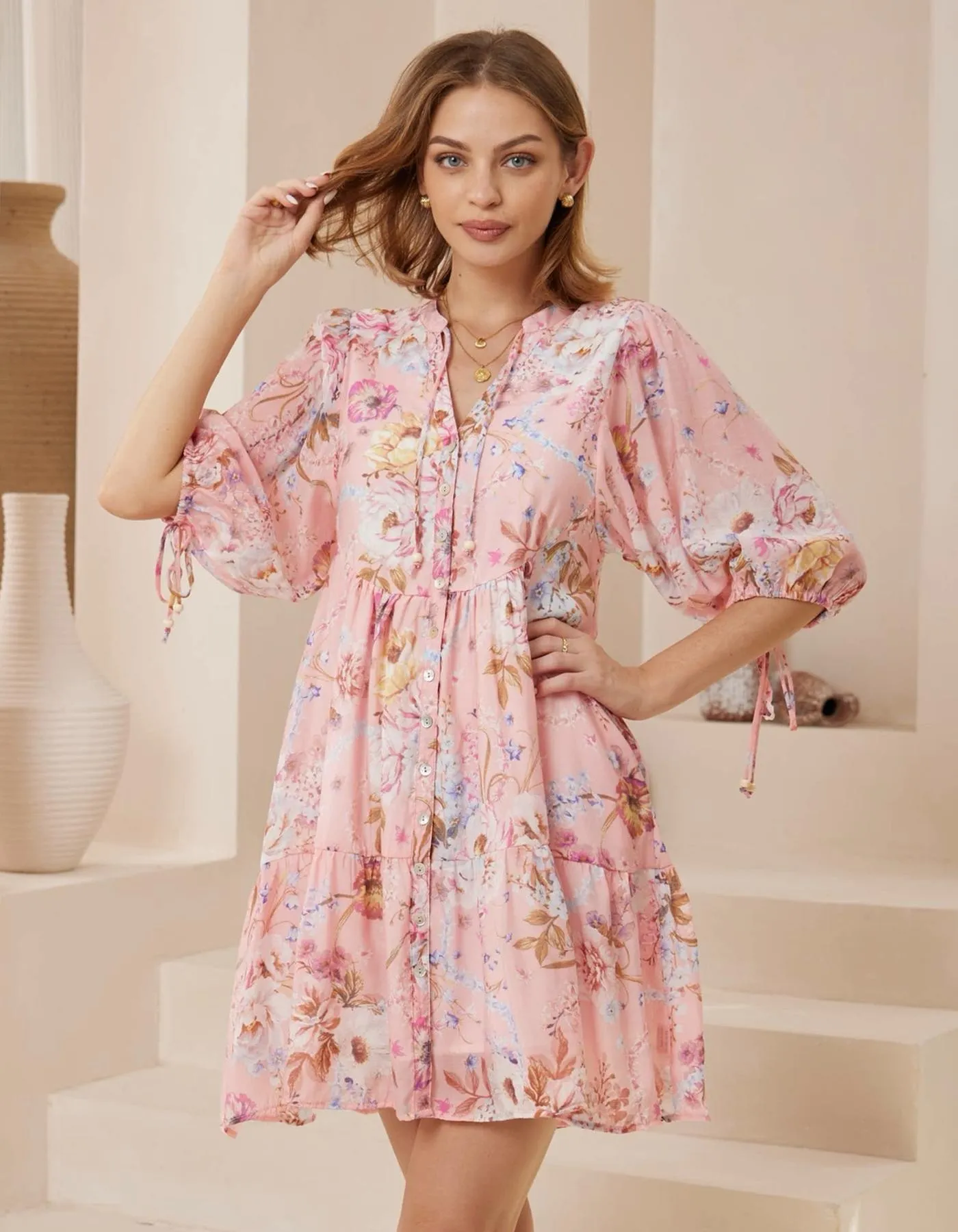 Tilda Button Front V Neck Dress in PInk Floral