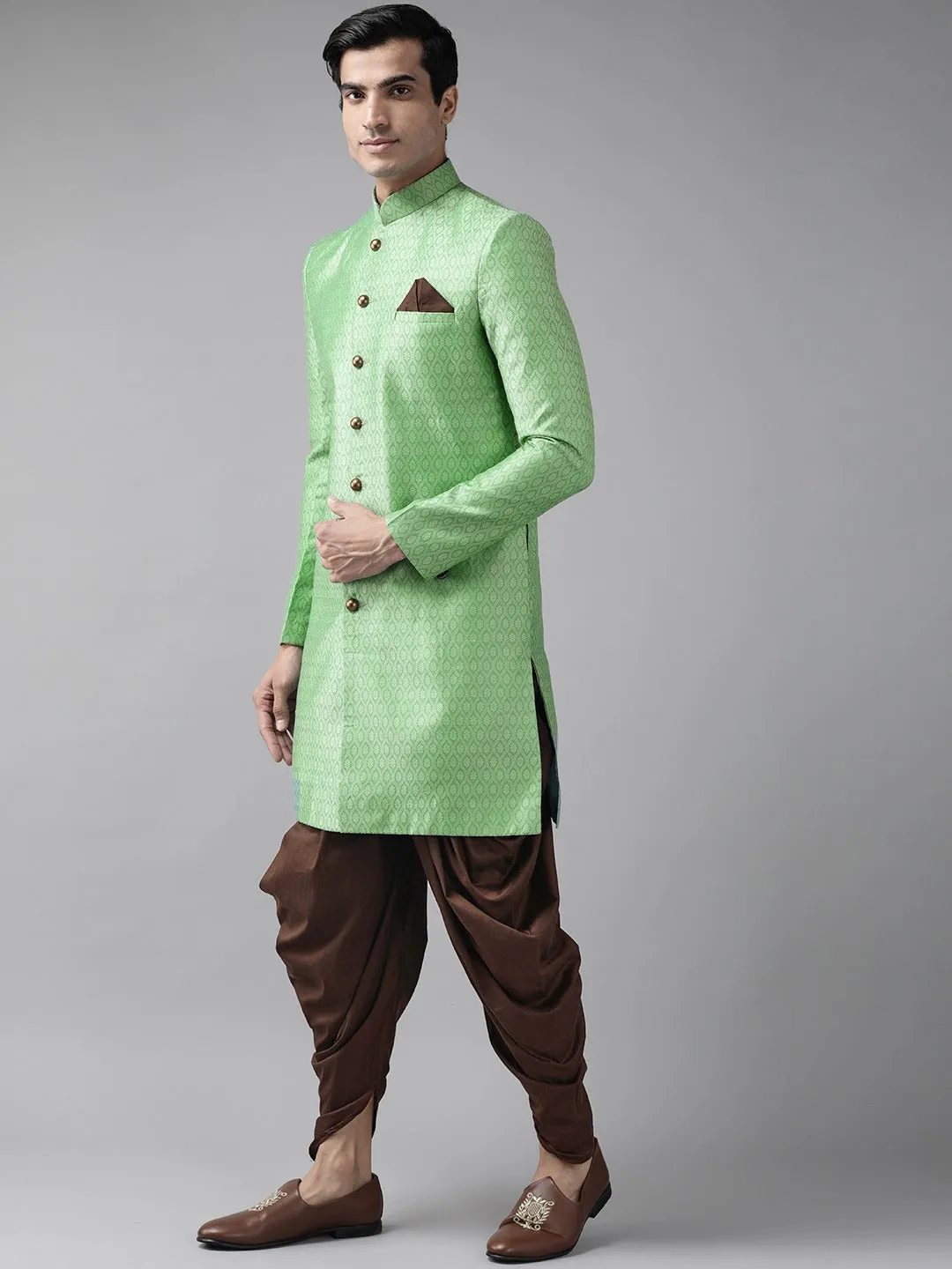 VASTRAMAY Green & Coffee Silk Blend Sherwani