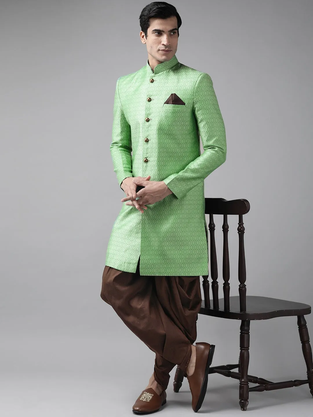 VASTRAMAY Green & Coffee Silk Blend Sherwani