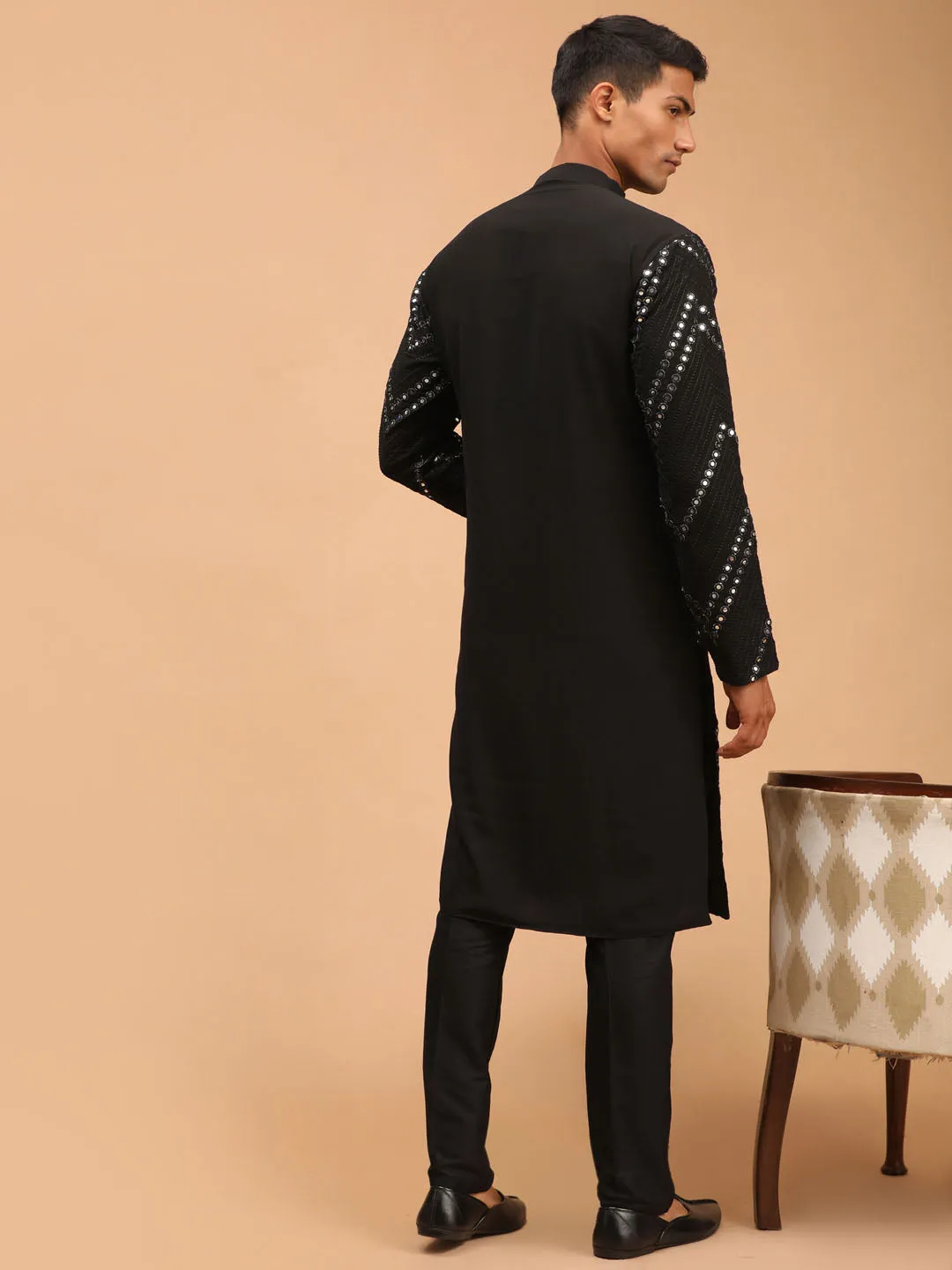 Vastramay Men's Black Mirror Kurta pant Set