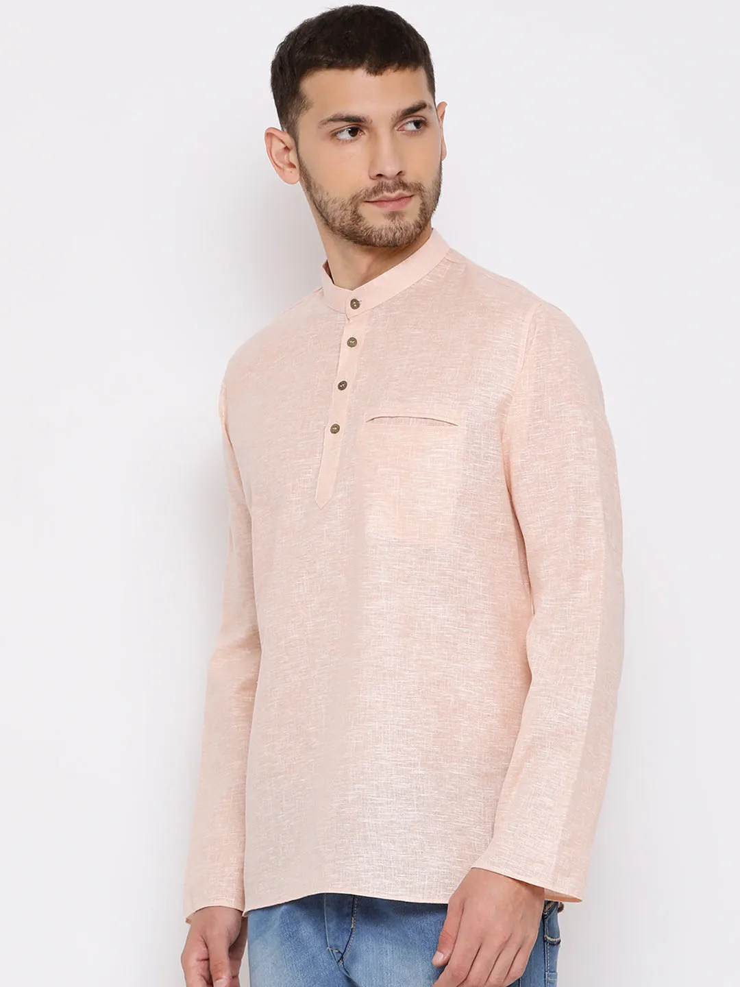 VASTRAMAY Men's Peach Cotton Blend Short Kurta