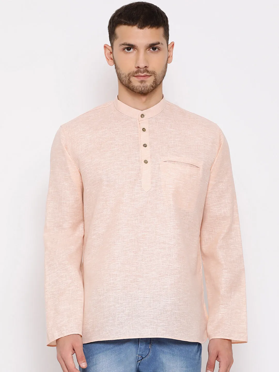 VASTRAMAY Men's Peach Cotton Blend Short Kurta