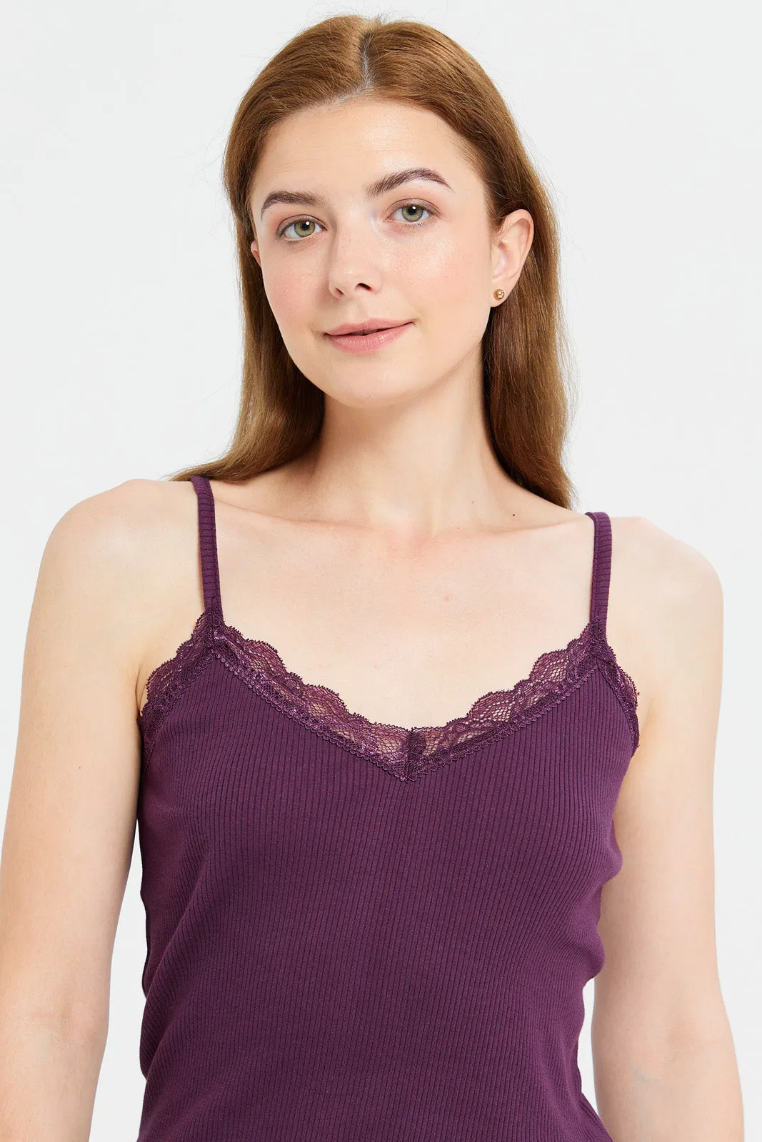 Women Purple Strappy Lace Vest