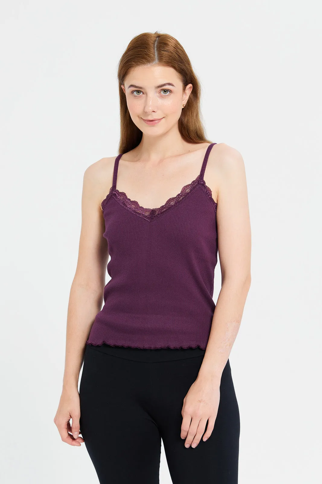 Women Purple Strappy Lace Vest