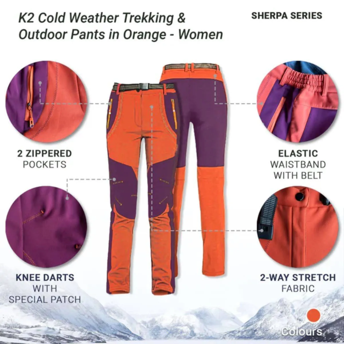 Women's K2 Cold Weather Trekking & Outdoor Pants - Sherpa Series - Orange