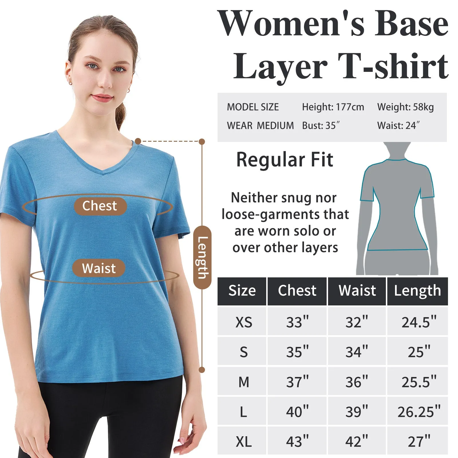 Women’s Merino 170g V-Neck  Short Sleeve T-Shirt  Lake blue